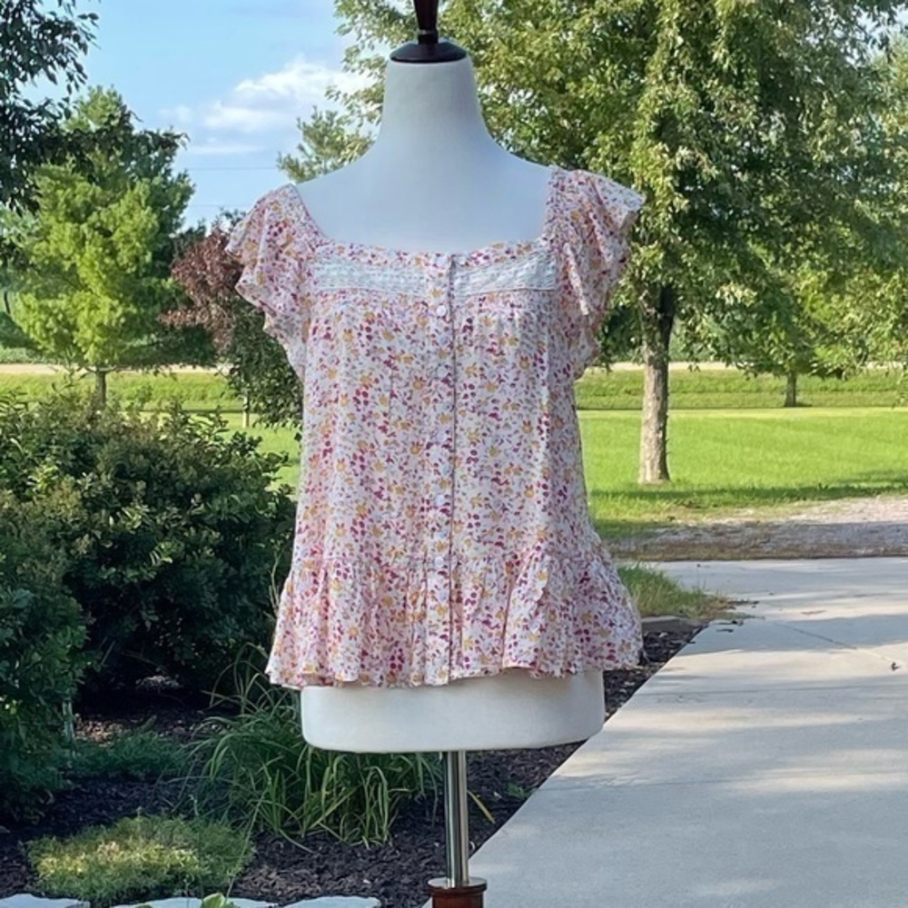 Lucky Brand Flutter Sleeve Floral Blouse